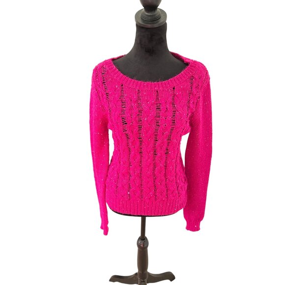 Aeropostale Women's Sparkly Fuchsia Pink Long Sleeve Scoop Neck Sweater Size M - Picture 1 of 11